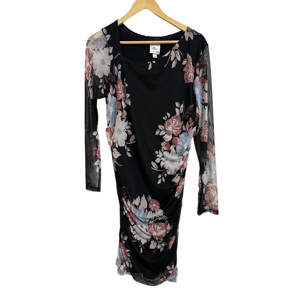 Lisa & Lucy mesh side ruched maternity black floral dress size Large‎ NEW $108
